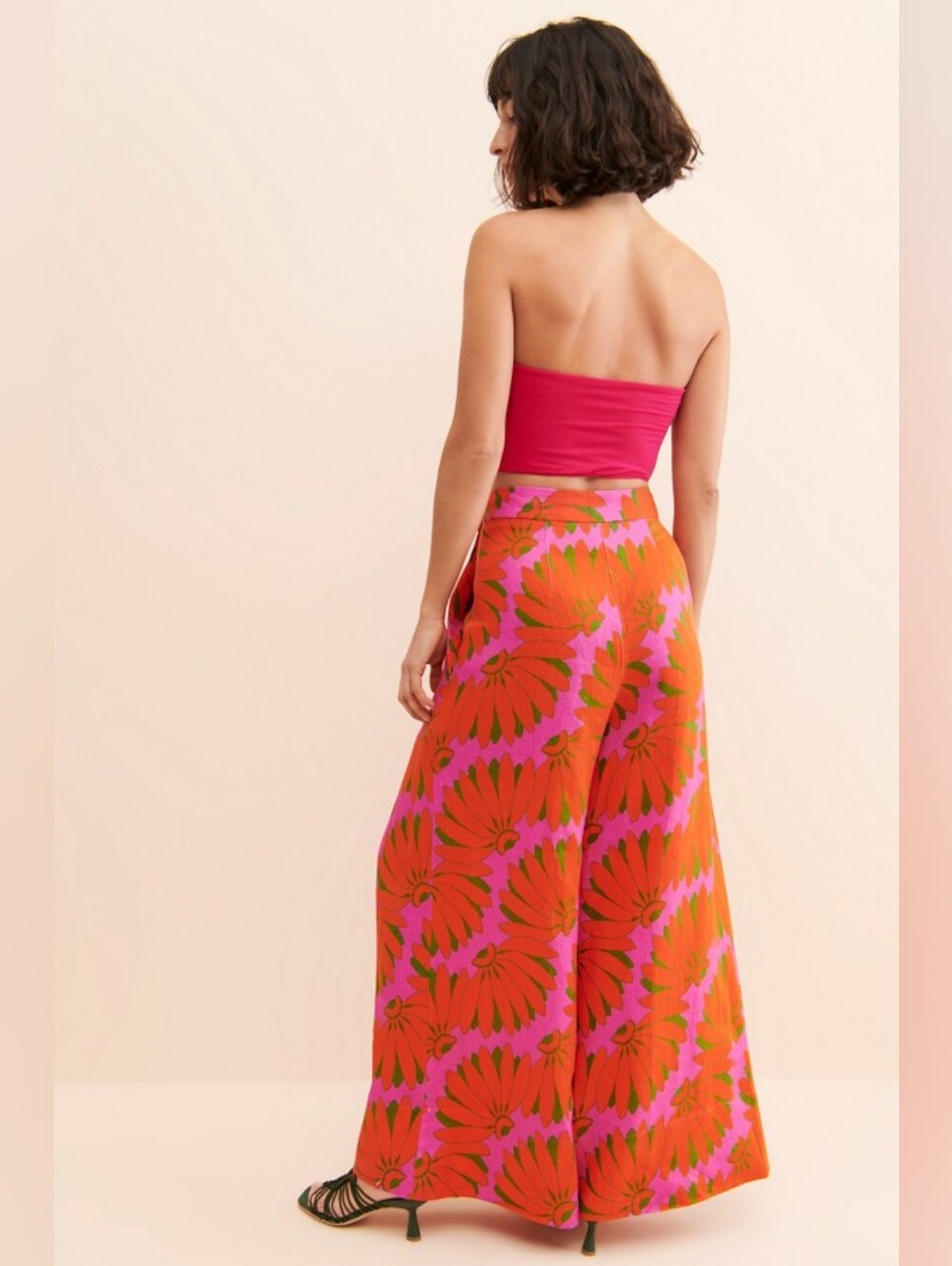 FARM Rio Pink Wide-Leg Linen Floral Trousers with Orange Blooms M - Picture 2 of 9
